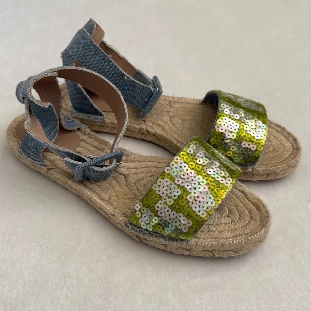 J. Crew | Sequin Ankle Strap Espadrilles Green/Blue Chambray (8) - Picture 1 of 15